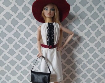 White black lace dress red hat belt purse for 12" fashion dolls
