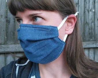Denim face mask with adjustable elastic ear loops