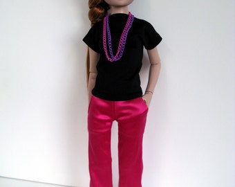 OOAK Black dolman top, hot pink matte satin pants with pockets & necklace for 16 inch fashion dolls