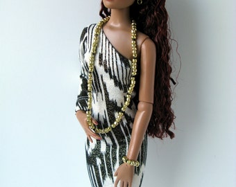 Black, white and gold print stretch asymmetrical one sleeve dress and jewelry for 16 inch fashion dolls