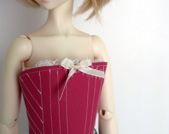 Pink lace-up vinyl bustier with ivory bow, lace & topstitching for SD 13 ball-jointed dolls