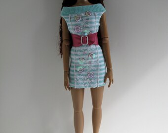 OOAK Mint green and white striped knit dress with sequin detail and pink belt for 16 inch fashion dolls