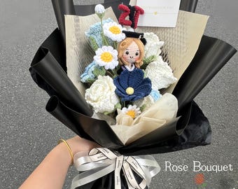 Crochet Graduation Flower Bouquet with Custom Doll: Handmade Keepsake Gift