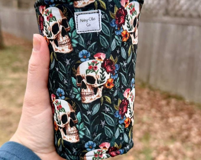 Reusable Iced coffee Cup Sleeves - floral skull - Eco Friendly - alternative