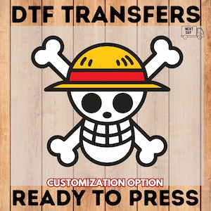 May include: A DTF transfer with a skull and crossbones design, a yellow hat, red band, and black outline. The text "DTF TRANSFERS", "CUSTOMIZATION OPTION", and "READY TO PRESS" are displayed. A small truck icon indicates next-day delivery.