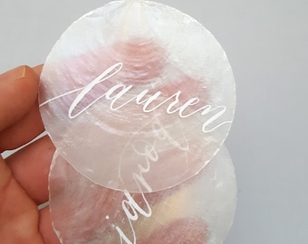 Capiz Shells Place Cards with Custom Calligraphy for Weddings