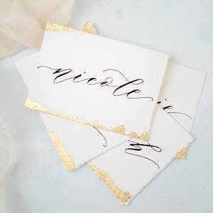 Handmade Paper Place Cards with Custom Calligraphy and Gold Leafing, Handwritten Calligraphy, Modern Calligraphy, Escort Cards