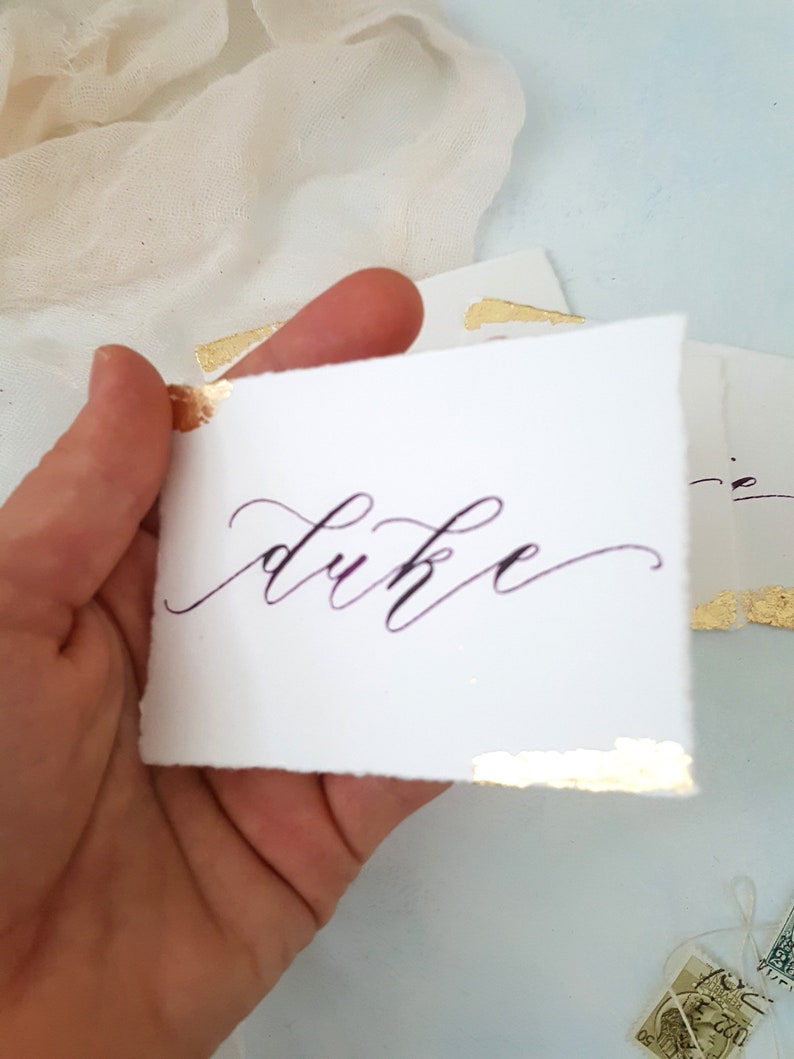 Handmade Paper Place Cards with Custom Calligraphy and Gold Leafing, Handwritten Calligraphy, Modern Calligraphy, Escort Cards image 2