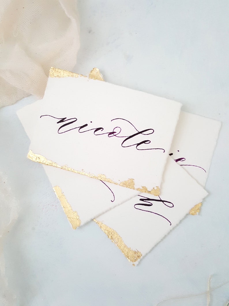 Handmade Paper Place Cards with Custom Calligraphy and Gold Leafing, Handwritten Calligraphy, Modern Calligraphy, Escort Cards image 6