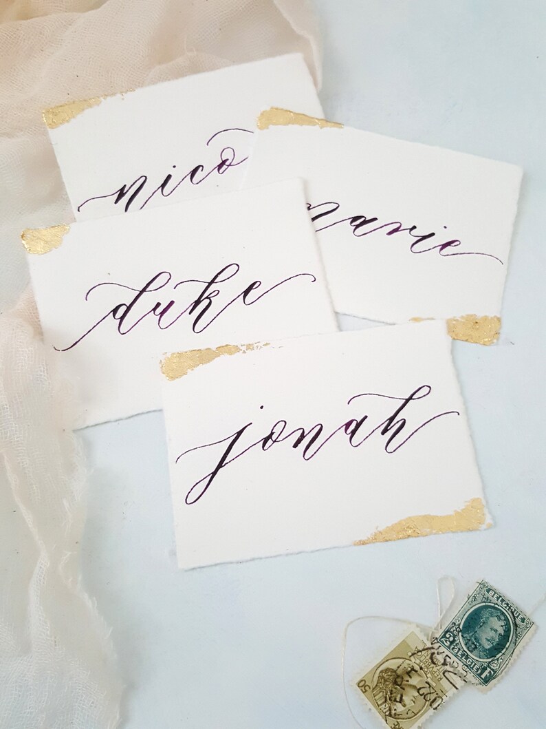 Handmade Paper Place Cards with Custom Calligraphy and Gold Leafing, Handwritten Calligraphy, Modern Calligraphy, Escort Cards image 9