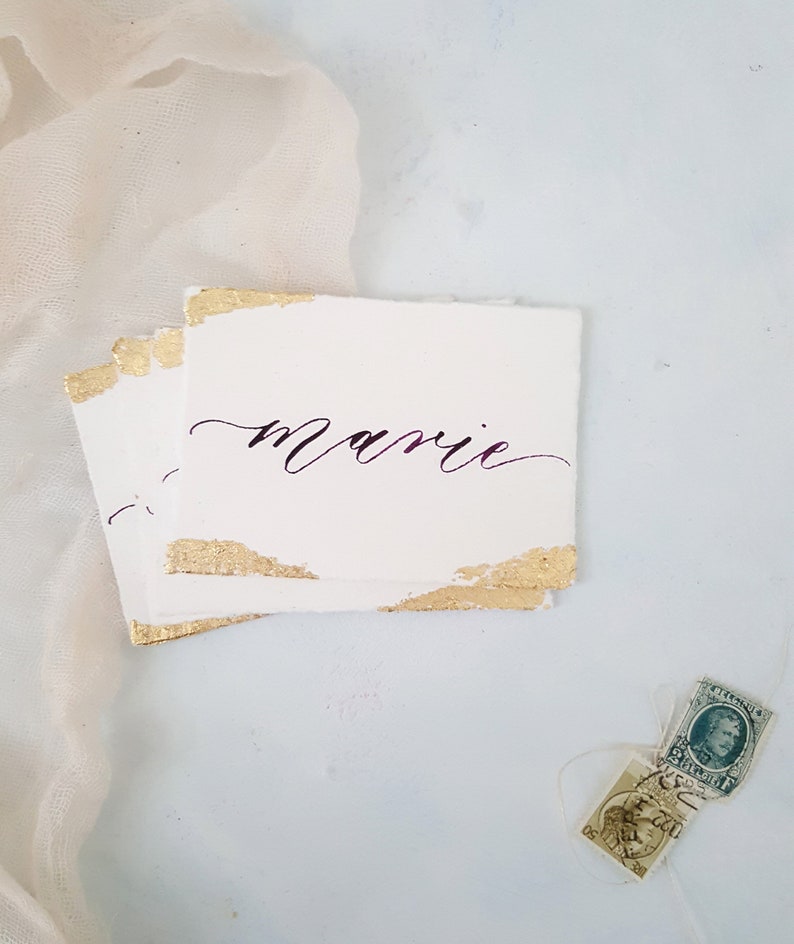 Handmade Paper Place Cards with Custom Calligraphy and Gold Leafing, Handwritten Calligraphy, Modern Calligraphy, Escort Cards image 5