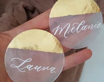 Capiz shell place cards with gold leafing and custom calligraphy
