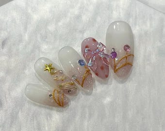 Presse de Noël rose sur les ongles | Noeud et arbre, ensemble français scintillant