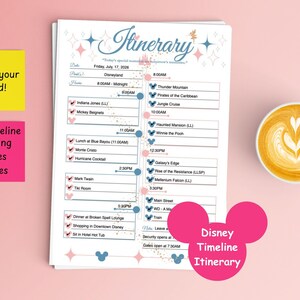 May include: A white paper itinerary for a Disneyland trip dated July 17, 2026, featuring a blue header with the word Itinerary, a central timeline, and lists of attractions, dining, and notes. The document includes pink and blue accents.
