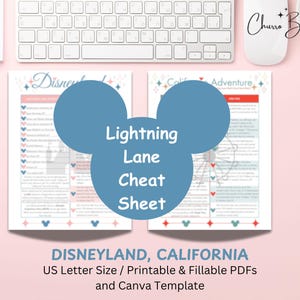 Könnte beinhalten: Zwei weiße, druckbare Spickzettel für Disneyland und California Adventure mit blauem und rotem Text sowie Symbolen. Eine große blaue, Mickey-förmige Überlagerung in der Mitte zeigt den weißen Text Lightning Lane Cheat Sheet.