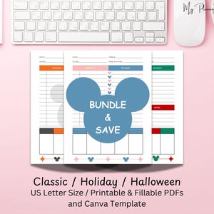 Peut inclure: Une page de planificateur avec un design sur le thème de Mickey Mouse, avec un cercle bleu avec les mots "BUNDLE & SAVE". La page a des sections avec des en-têtes colorés et une mise en page en grille. Le texte en bas indique "Classic / Holiday / Halloween" et "US Letter Size / Printable & Fillable PDFs and Canva Template."