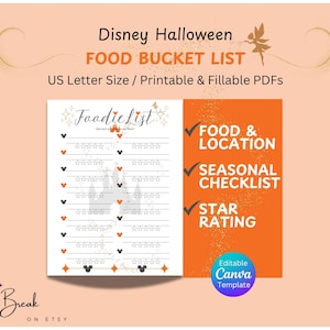 Puede incluir: Un documento imprimible Disney Halloween Food Bucket List en tamaño carta estadounidense. La página presenta un encabezado Foodie List, líneas para entradas, calificaciones de estrellas e iconos de Mickey Mouse. Una barra lateral naranja lista las secciones.