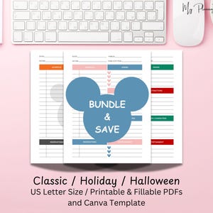 Peut inclure: Un ensemble de planificateurs avec un design de tête de Mickey Mouse bleu et les mots "BUNDLE & SAVE". Les pages du planificateur sont au format US Letter et comprennent des sections pour la planification et les attractions. Le texte "Classic / Holiday / Halloween" est également visible.