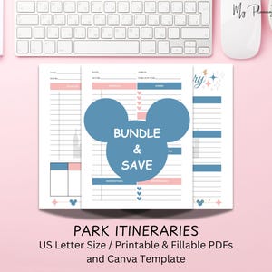 May include: Printable park itineraries in US Letter size, featuring a blue Mickey Mouse head shape with the words "BUNDLE & SAVE". The pages have pink and blue accents, with the text "PARK ITINERARIES". A keyboard and mouse are visible in the background.