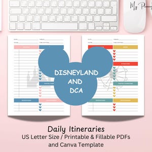 Peut inclure: Deux feuilles d'itinéraire quotidiennes imprimables pour Disneyland et DCA, avec un graphique de tête de Mickey Mouse. Les feuilles sont au format US Letter et comprennent des sections pour l'heure du parc, les attractions et les réservations. Le texte indique "Daily Itineraries".