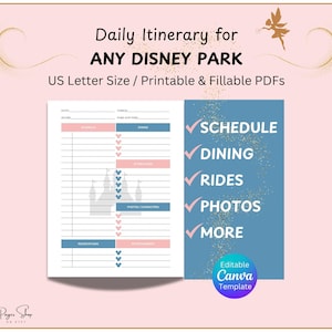Disney Parks Daily Itinerary | Disneyland Travel Essential | WDW Easy Schedule | Simple Plan | Organized Agenda | Classic Checklist