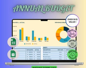 Planificador de presupuesto de Google Sheets / Seguimiento mensual y anual (Descarga digital)