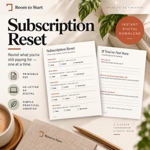 May include: A printable Subscription Reset planner set featuring two white pages with black text and red accents. The document includes sections for tracking subscriptions with checkboxes for keep, cancel, or not sure yet, plus a page for reflection.