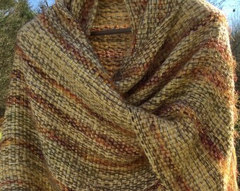 Unique one of a kind handwoven shawl in shades of wheat beige garnet red cream beige