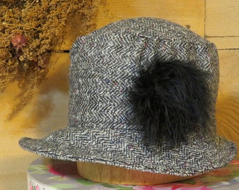 Gray black herringbone tween cloche style winter hat