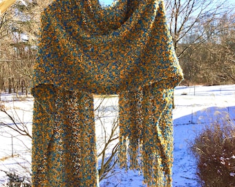 Blue and gold wool/ nylon shawl wrap french blue handwoven one of a kind