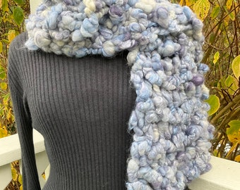 Pale light blue hand knitted art yarn scarf