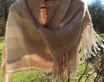 Handwoven shawl scarf in neutral colors tan beige wrap gift plaid soft warm one of a kind 3 season