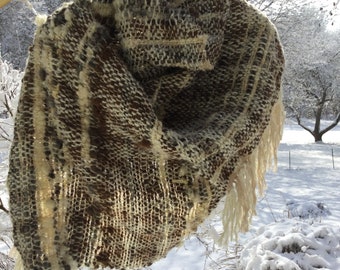 Earth tones browns handwoven alpaca art yarn shawl one of a kind