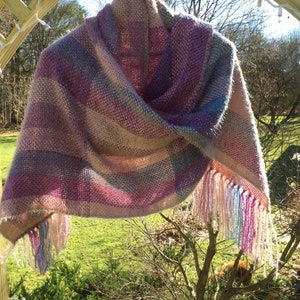 Violet pink blue handwoven shawl scarf womens teens plaid great gift multi  color one of a kind 3 season