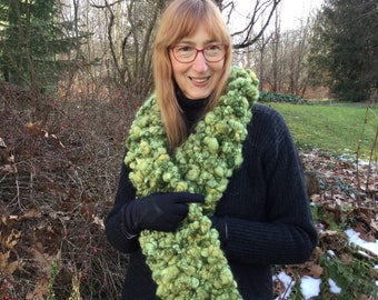 Green knit scarf hand spun art yarn merino wool soft scarf