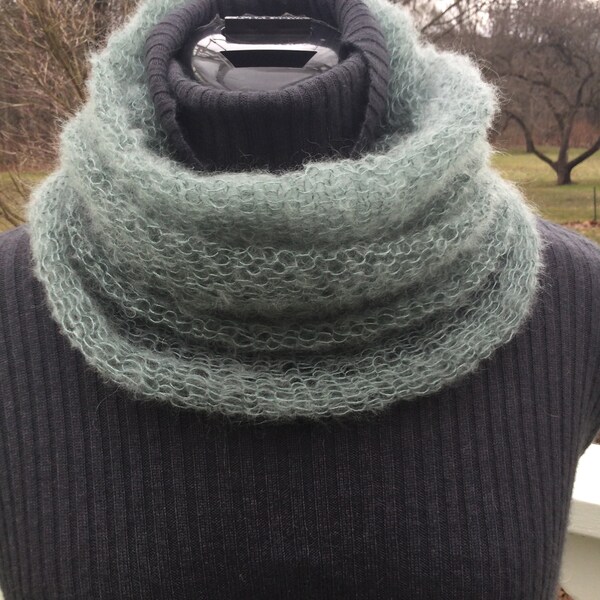 Dusty blue scarf cowl mohair and silk ethically sourced cruelty free