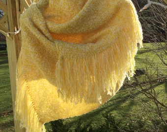 Yellow white alpaca cashmere handwoven shawl petite size women boucle elegant one of a kind 3 season