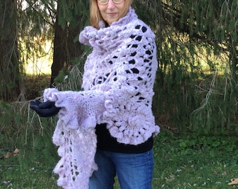 Irish crochet pink and grey wool boucle shawl soft shawl one of a kind