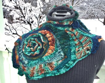 Free form crochet shawlette in Multi color blues teals rust one of a kind merino wool