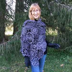 Gray Irish crochet shawl wrap stole one of a kind variegated shade