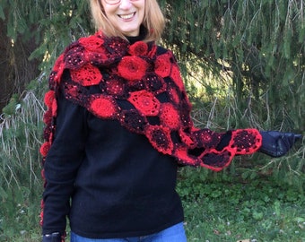Red and black sequined irish crochet shawl scarf one of a kind