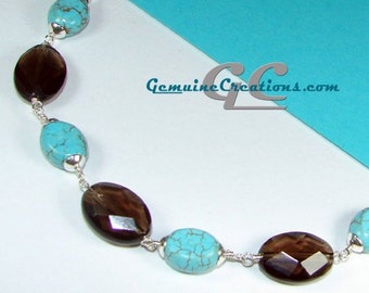 Turquoise & Brown Gemstone Sterling Silver Necklace - Faceted Brown Smoky Quartz Gemstones, Adjustable Chain