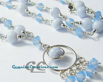 Polar Ice Necklace Blue Lace Agate Gemstones, Blue Opal Swarovski Crystals ALL Sterling Silver, Wire, Beads, Clasp