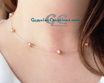 Floating Pearl Necklace, Sterling Silver Pearl Chain,  Rose Gold Pearl Necklace, Pearl Chain Necklace, Simple Pearl Jewelry