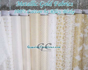 Metallic Gold Cotton Fabrics, Riley Blake Fabric, Gold Off-white Fabric, Gold Floral Fabric, Gold Quilting Fabric, Gold Cotton Fabric
