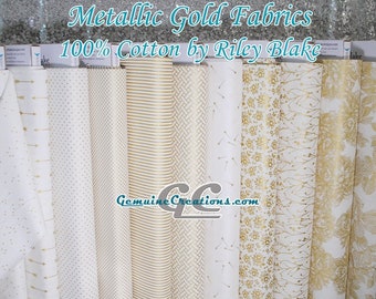 Metallic Gold Riley Blake Cotton Fabric, Floral Quilting Fabric sold BTY and FQ