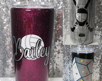 Personalized Sports Tumbler, College Travel Cup, School Water Bottle, Custom Name Tumbler, Volleyball, Basketball, Football, Stainless Steel