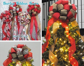 Large Burlap Style Boutique Bows with Tails for Christmas Tree Topper, Wreath Bow, Lantern Decoration