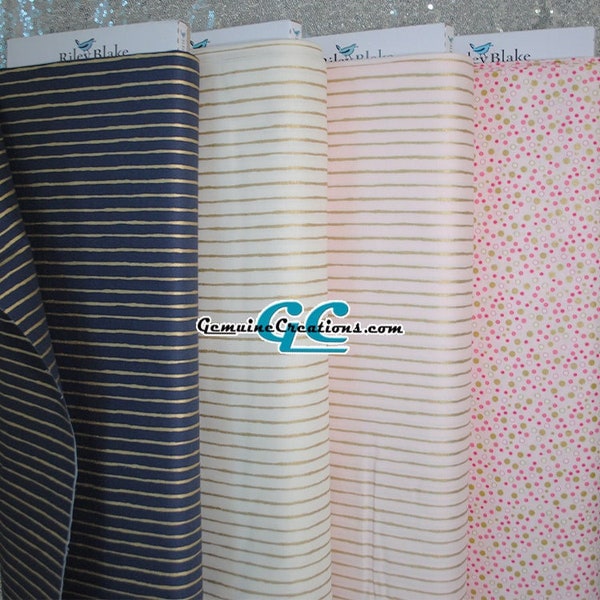 Metallic Gold Fabrics, Riley Blake Fabric, Navy Stripe Fabric, Pink Gold Dot Fabric, Cream Gold Stripes, Yard or Fat Quarter