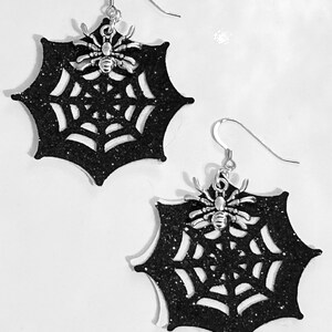 Black Spiderweb Earrings, Halloween Jewelry, Gemstone Spider Dangle Earrings, Silver Spider Earrings, Black and White Halloween Earrings